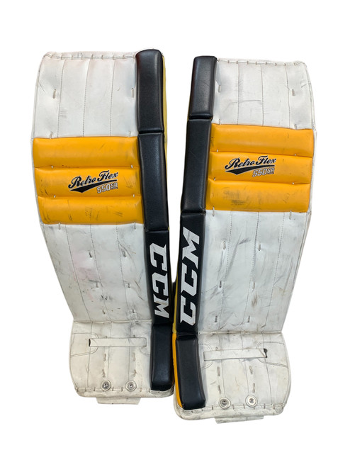 Vist Large View of Product Image Which is Used CCM RETROFLEX 550 SR 34IN +1 Goalie Leg Pads Senior Yellow 34"