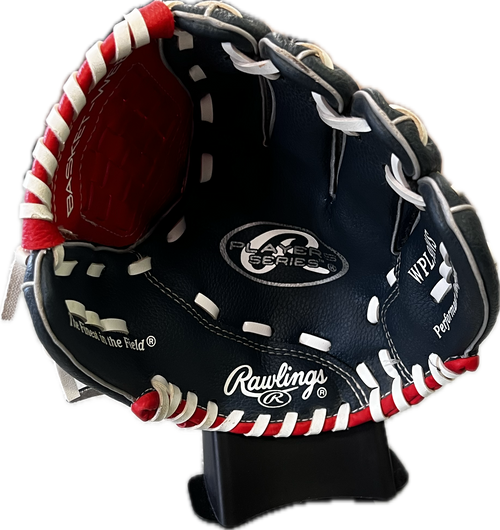 Vist Large View of Product Image Which is Used Rawlings WPL95NS BB/SB Glove T-ball Navy Blue And Red 9 1/2"