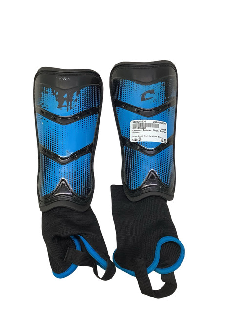 Vist Large View of Product Image Which is Used Champro Soccer Shin Guards Adult Black And Carolina Blue LG