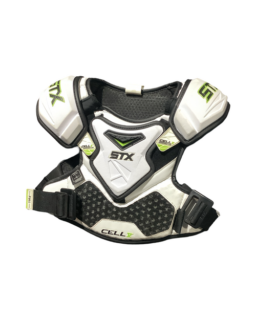 Vist Large View of Product Image Which is Used STX CELL V Lacrosse Shoulder Pads White SM