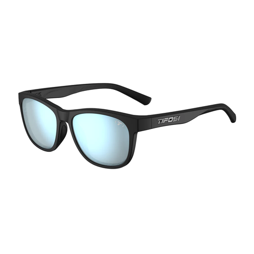 Vist Large View of Product Image Which is New Tifosi Swank Biking Glasses- Satin Black Frame/Smoke Bright Blue Mirror Lens