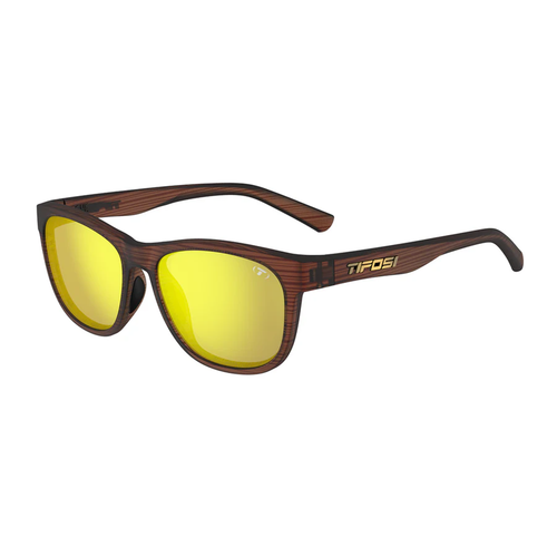 Vist Large View of Product Image Which is New Tifosi Swank Biking Glasses- Woodgrain Frame/Smoke Yellow Mirror Lens