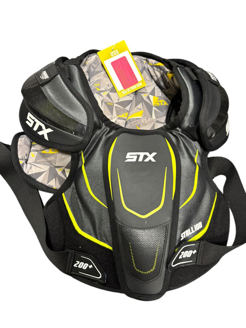 Vist Large View of Product Image Which is Used STX STALLION 200+ Lacrosse Shoulder Pads Black And Neon Green MD