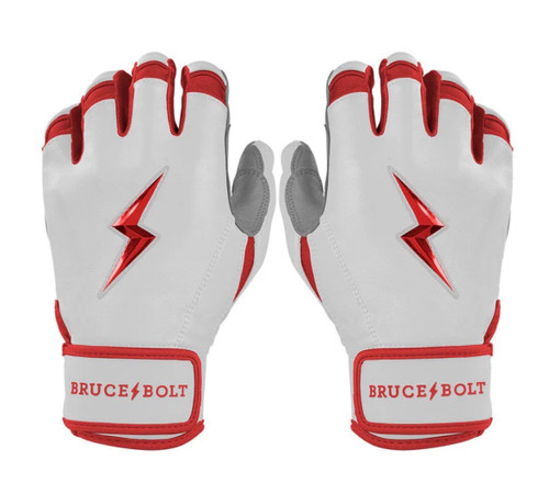 Vist Large View of Product Image Which is New ADULT RED PREMIUM PRO CHROME SERIES SHORT CUFF BATTING GLOVE BRUCE BOLT