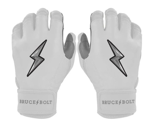 Vist Large View of Product Image Which is New ADULT WHITE PREMIUM PRO CHROME SERIES SHORT CUFF BATTING GLOVE BRUCE BOLT