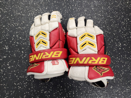 Vist Large View of Product Image Which is Used Brine KING Lacrosse Gloves Mens Red And White 13" (Holes)