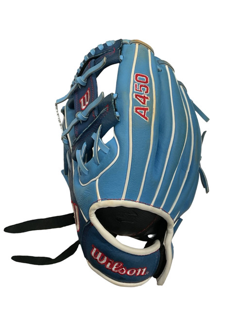 Vist Large View of Product Image Which is Used Wilson A04LB26115 BB/SB Glove LH Throw Carolina Blue 11 1/2"