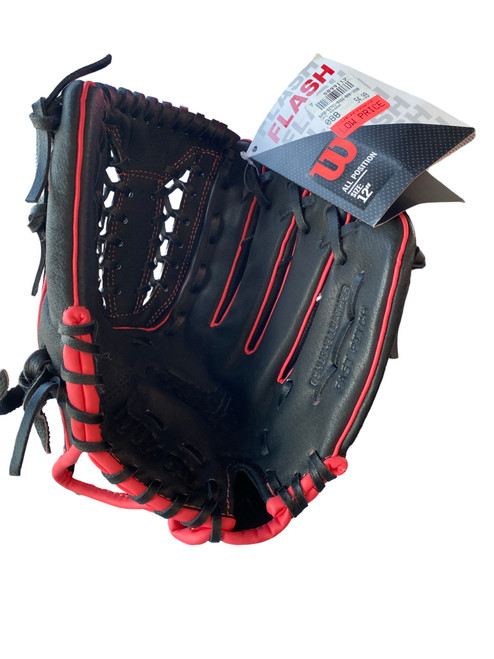 Vist Large View of Product Image Which is Used Wilson FLASH BB/SB Glove RH Throw Black 12"