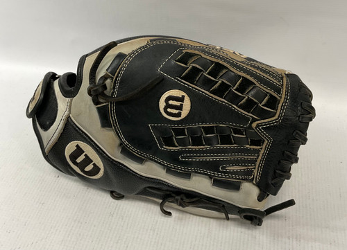 Vist Large View of Product Image Which is Used Wilson A2000 RH Throw Fastpitch Gloves Black 12 1/2"