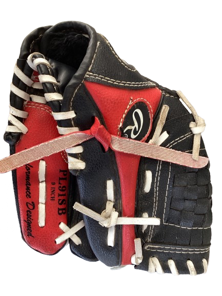 Vist Large View of Product Image Which is Used Rawlings PL91SB BB/SB Glove RH Throw Black And Red 9"