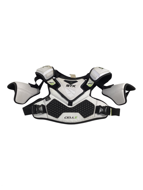 Vist Large View of Product Image Which is Used STX CELL V Lacrosse Shoulder Pads White LG