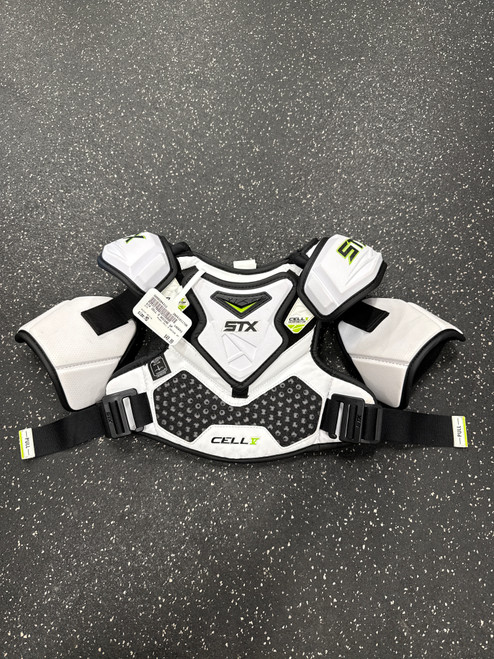 Vist Large View of Product Image Which is Used STX CELL 5 NOCSAE SP Lacrosse Shoulder Pads White MD