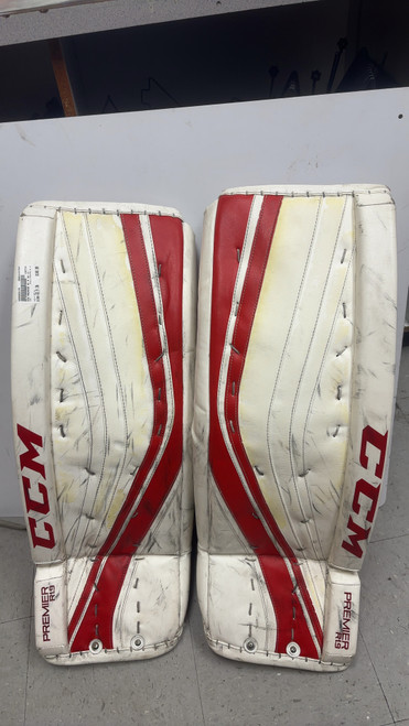 Vist Large View of Product Image Which is Used CCM PREMIER R1.9 Goalie Leg Pads Inter White 32 1/2"