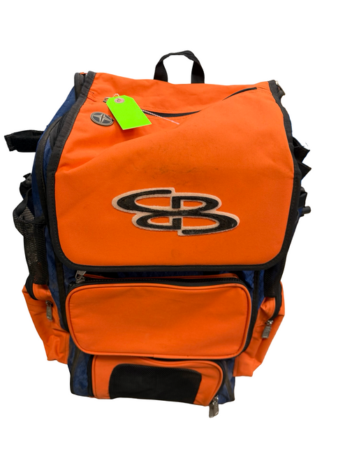 Vist Large View of Product Image Which is Used BoomBah Rolling Superpack Wheeled Baseball & Softball Bag Navy Blue And Orange