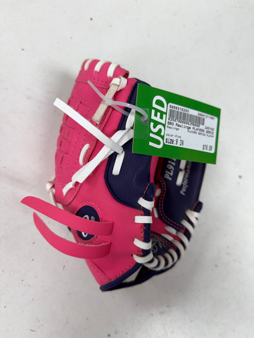 Vist Large View of Product Image Which is Used Rawlings PLAYERS SERIES PL91PP BB/SB Glove RH Throw Pink 9"