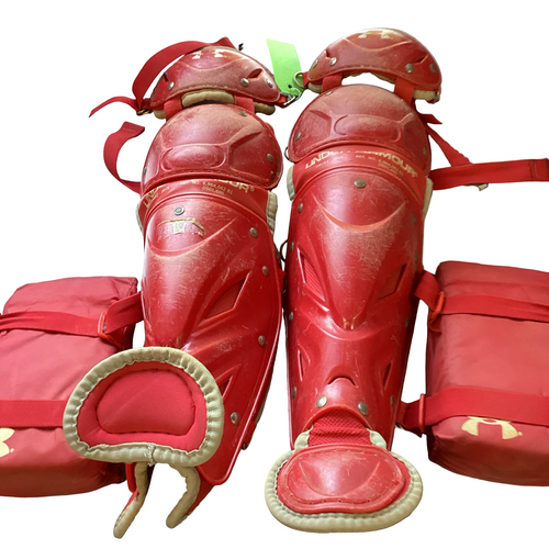 Vist Large View of Product Image Which is Used Under Armour JR SHINGUARDS Catchers Leg Guards Red Junior