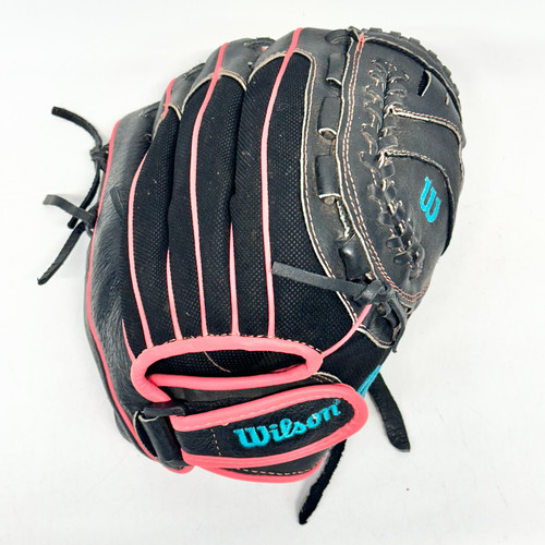 Vist Large View of Product Image Which is Used Wilson A04RF2211 RH Throw Fastpitch Gloves Pink And Black 11"