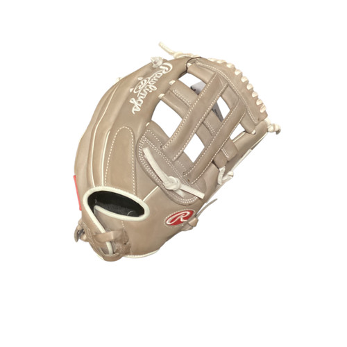 Vist Large View of Product Image Which is Used Rawlings R9 RH Throw Fastpitch Gloves Grey 13"