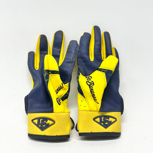 Vist Large View of Product Image Which is Used Louisville Slugger BANANAS BB/SB Batting Gloves Navy Blue And Yellow XS