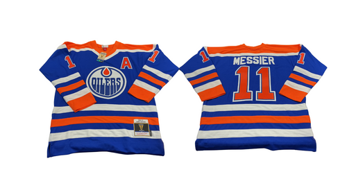 Vist Large View of Product Image Which is Used Mitchell VINTAGE OILERS MESSIER L.S. Spirit M Navy Blue And Orange LG