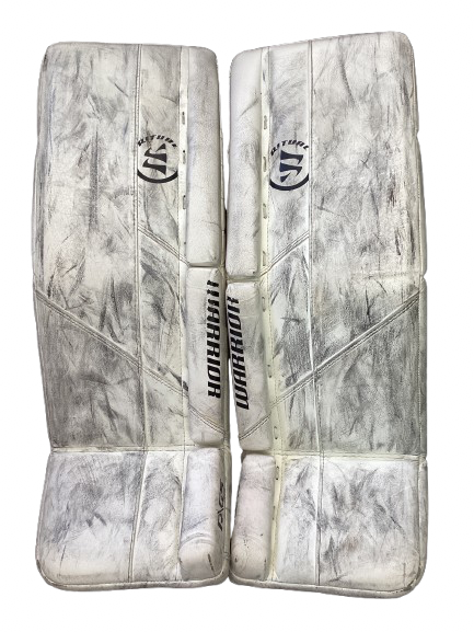 Vist Large View of Product Image Which is Used Warrior RITUAL R/G5JR Goalie Leg Pads Junior White 26 1/2"