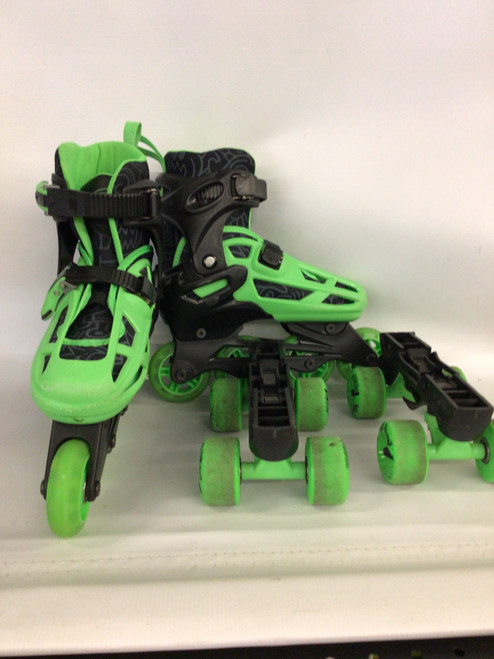 Vist Large View of Product Image Which is Used RollerDerby 2-IN-1 ADJUSTABLE ROLER/INLINE Junior Rec Fitness Skates Green Adjustable