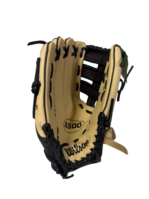 Vist Large View of Product Image Which is Used Wilson A500 A05LB25125 Leather Shell Junior Baseball Glove LH Throw Black And Natural 12 1/2" - Like New