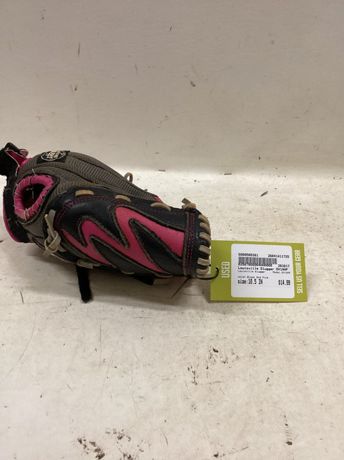 Vist Large View of Product Image Which is Used Louisville Slugger DV14HP RH Throw Fastpitch Gloves Black And Pink 10 1/2"