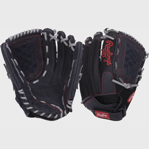 Vist Large View of Product Image Which is Rawlings slowpitch recreational glove with a leather palm and a basket web