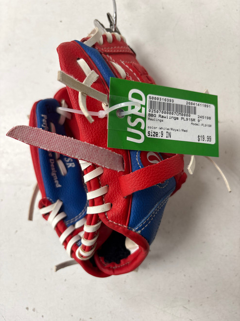 Vist Large View of Product Image Which is Used Rawlings PL91SR BB/SB Glove LH Throw White/Royal/Red 9"