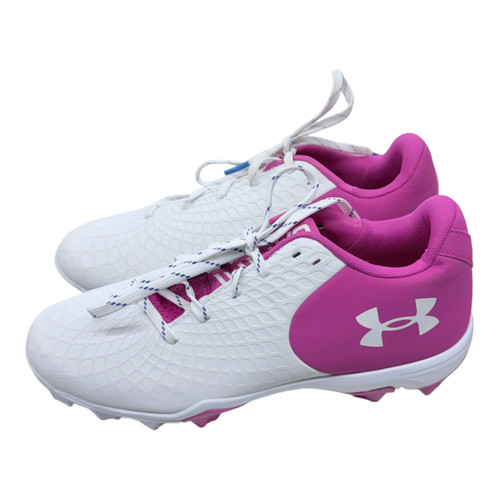 Vist Large View of Product Image Which is Used Under Armour GLYDE 2.0 BB/SB Cleats White And Neon Pink Senior 9