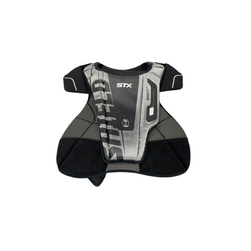 Vist Large View of Product Image Which is Used STX SHIELD 400 Lacrosse Shoulder Pads Black And Silver Youth