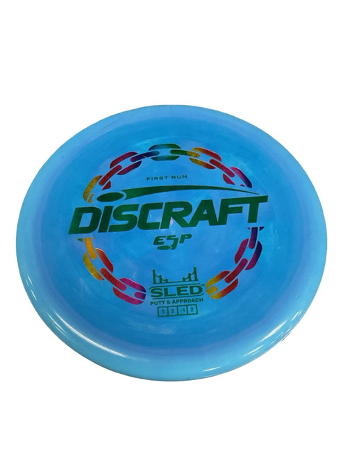 Vist Large View of Product Image Which is Used Discraft ESP SLED Disc Golf Putter Carolina Blue 178g
