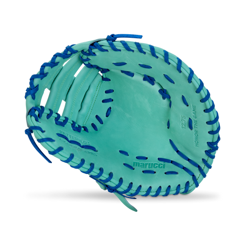 Vist Large View of Product Image Which is A turquoise 12.75-inch Marucci first base glove with a two bar post