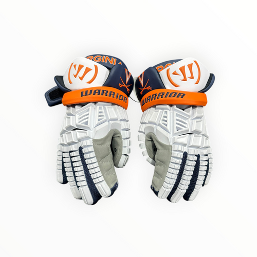 Vist Large View of Product Image Which is Used Warrior EVO V - VIRGINIA TEAM GLOVE Lacrosse Gloves Mens Navy Blue And Orange LG