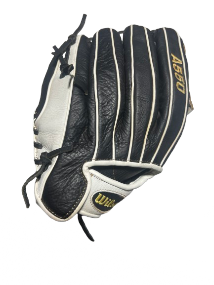 Vist Large View of Product Image Which is Used Wilson A550 RHT 12IN RH Throw Fastpitch Gloves Black 12"