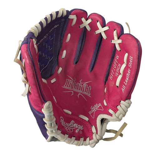 Vist Large View of Product Image Which is Used Rawlings HIGHLIGHT SERIES BB/SB Glove RH Throw Purple 10"