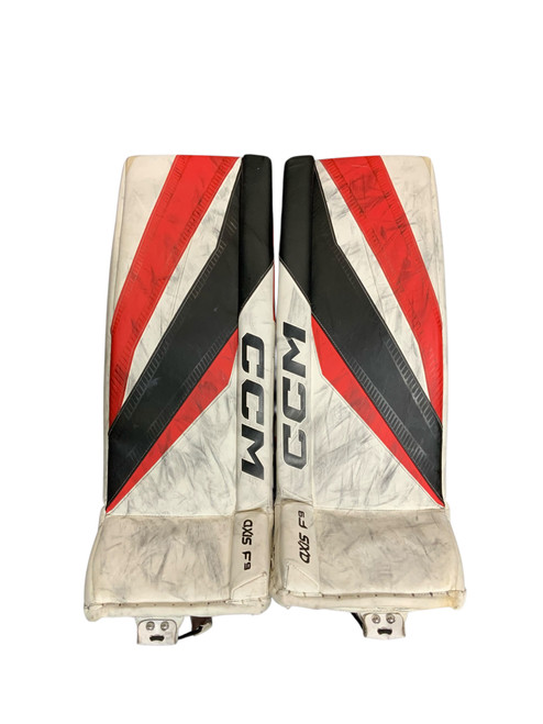 Vist Large View of Product Image Which is Used CCM AXIS F9 Goalie Leg Pads Senior White/Black/Red 32"