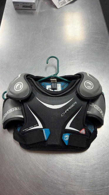 Vist Large View of Product Image Which is Used Maverik CHARGER Lacrosse Shoulder Pads White SM