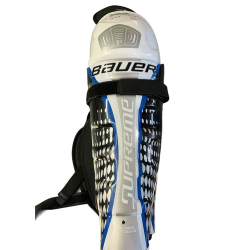 Vist Large View of Product Image Which is Used Bauer ONE15 15 IN SHIN GURADS Senior Shin Guards White 15"