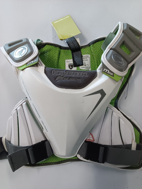 Vist Large View of Product Image Which is Used Maverik MAX AX SUEDE Lacrosse Shoulder Pads White LG