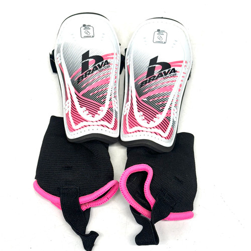 Vist Large View of Product Image Which is Used Brava Soccer Shin Guards Youth White And Pink Youth