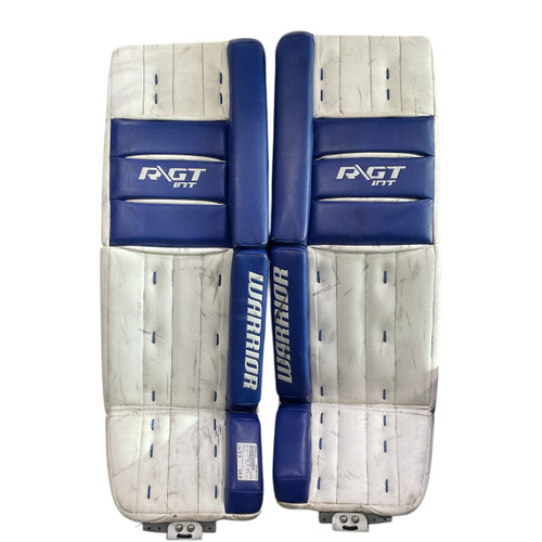 Vist Large View of Product Image Which is Used Warrior RITUAL GT 32+1 Goalie Leg Pads Inter White And Royal Blue 32"