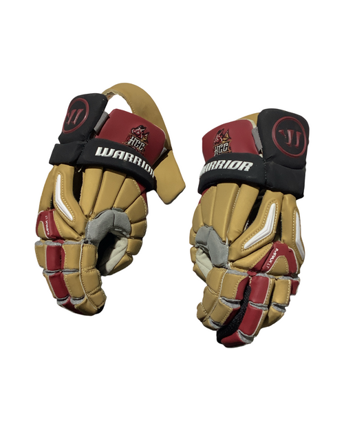 Vist Large View of Product Image Which is Used Warrior BURN PRO Lacrosse Gloves Mens Gold LG