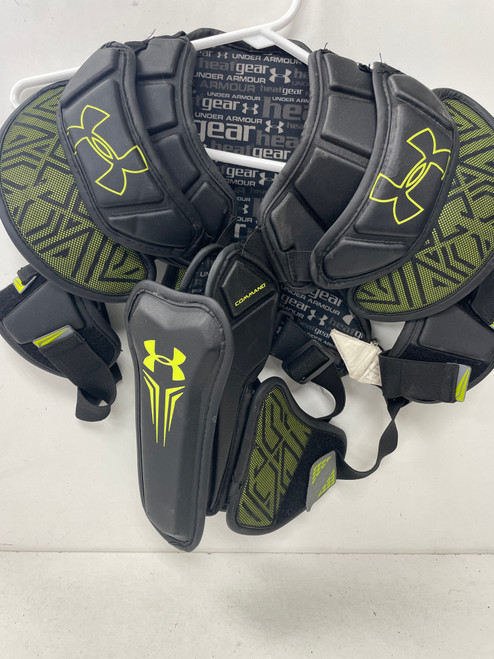 Vist Large View of Product Image Which is Used Under Armour COMMAND Lacrosse Shoulder Pads Black And Neon Green MD