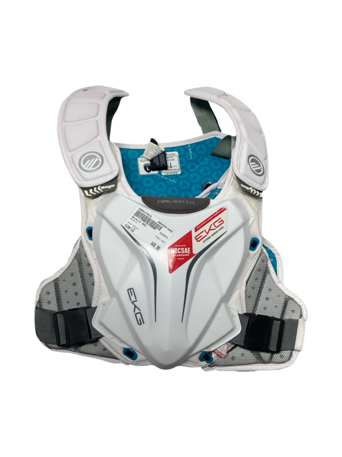Vist Large View of Product Image Which is Used Maverik EKG Lacrosse Shoulder Pads White LG