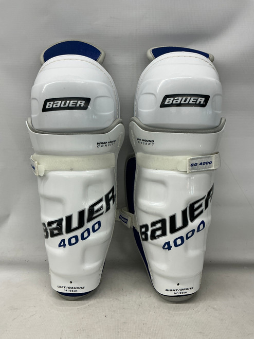 Vist Large View of Product Image Which is Used Bauer 4000 SHIN GUARDS Senior Shin Guards White And Navy Blue 14"