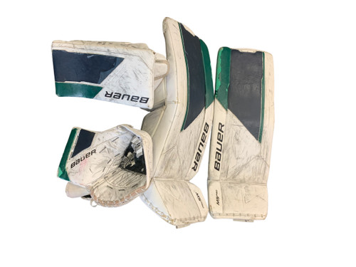 Vist Large View of Product Image Which is Used Bauer SUPREME M5 PRO Goalie Leg Pads Senior White MD with blocker and catcher 