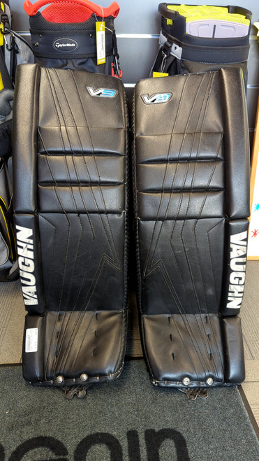 Vist Large View of Product Image Which is Used Vaughn VELOCITY PRO V9 Goalie Leg Pads Senior Black 32"