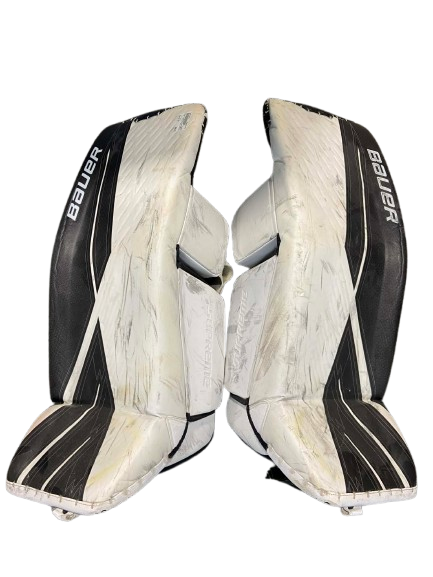 Vist Large View of Product Image Which is Used Bauer SUPREME ULTRA SONIC Goalie Leg Pads Senior White 34"